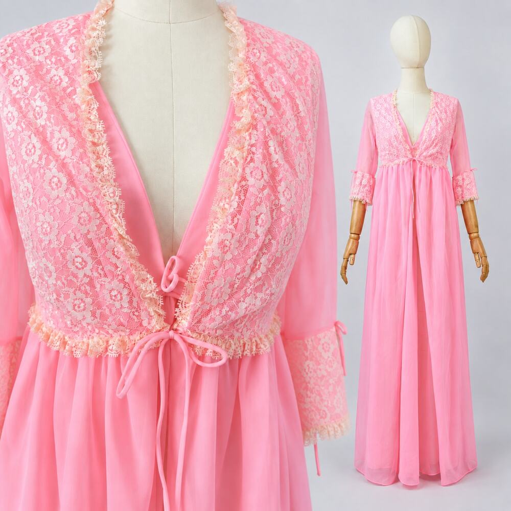 Vintage Pink Chiffon Peignoir Set Robe Gown Nylon Lace Large 1960s Style
